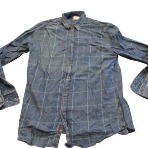 Faherty Brand Mens Blue Green Windowpane Plaid Button Down Shirt Medium Indigo